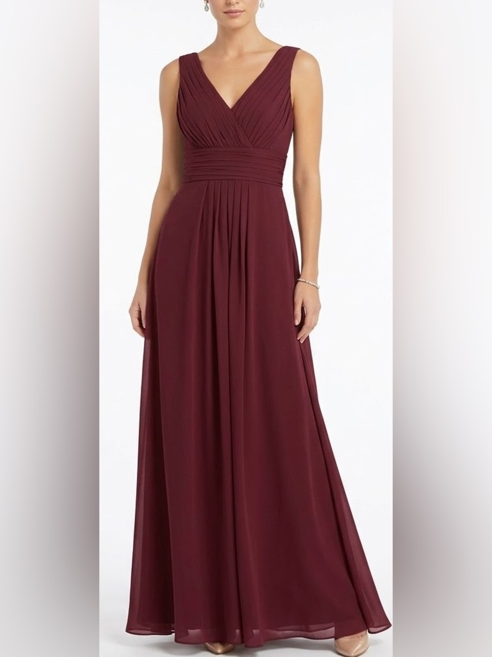 Bill Levkoff Burgundy V‑Neck Pleated Waist Maxi Dress